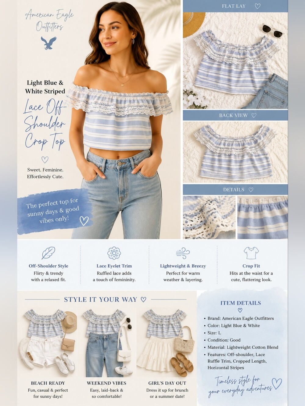 American Eagle Blue White Striped Lace Off Shoulder Crop Top Large Boho Summer